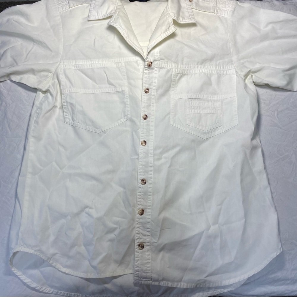 Designer Button Up Casual Cargo Dress Shirt White Short Sleeve No Show Buttons - Picture 12 of 12